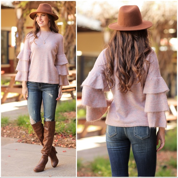 LAST 1✨Pink Tiered Bell Sleeve Soft Fuzzy Sweater - Picture 2 of 3